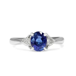 Platinum Sapphire and Trillion Cut Diamond 3 Stone Ring