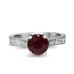 Platinum Treated Ruby Vintage Style Etched Solitaire Ring