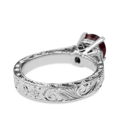 Platinum Treated Ruby Vintage Style Etched Solitaire Ring