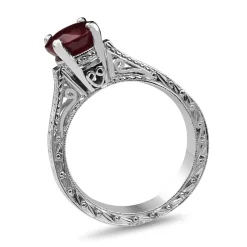 Platinum Treated Ruby Vintage Style Etched Solitaire Ring