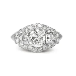 Platinum Vintage Cushion and Carre Cut Diamond Ring