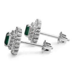 Platinum Vintage Emerald and Diamond Double Halo Stud Earrings